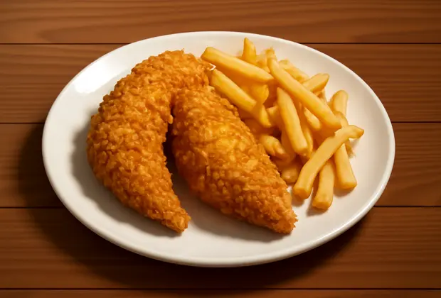 Zabiha Halal breaded chicken tenders served with golden fries on a plate at La Peri Peri in Sterling Heights, MI