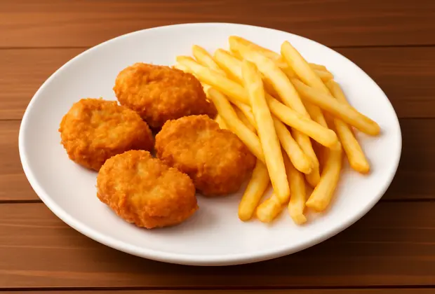 Zabiha Halal chicken nuggets with crispy French fries on a white plate served at La Peri Peri in Sterling Heights, Michigan