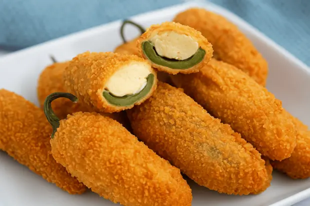 Baked jalapeño peppers stuffed with cheese and topped with breadcrumbs, served on a plate.