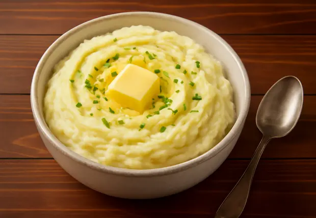 Bowl of creamy mash potatoes topped with butter and chives served with a spoon at La Peri Peri Sterling Heights