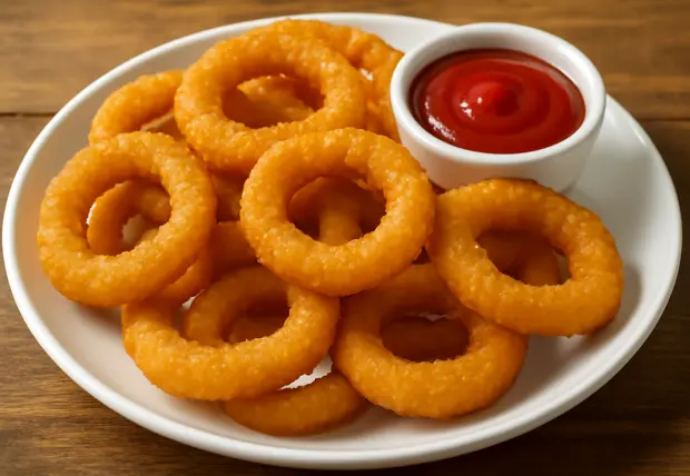 Plate of golden-brown crispy onion rings served with ketchup at La Peri Peri in Sterling Heights, Michigan