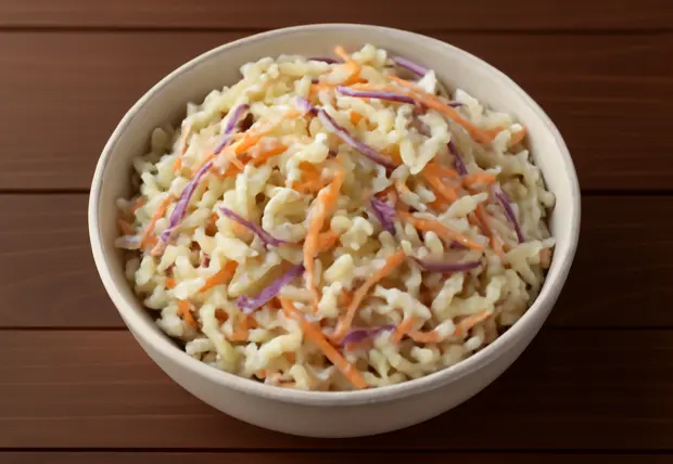 Fresh and creamy coleslaw with shredded carrots and purple cabbage in a white bowl.