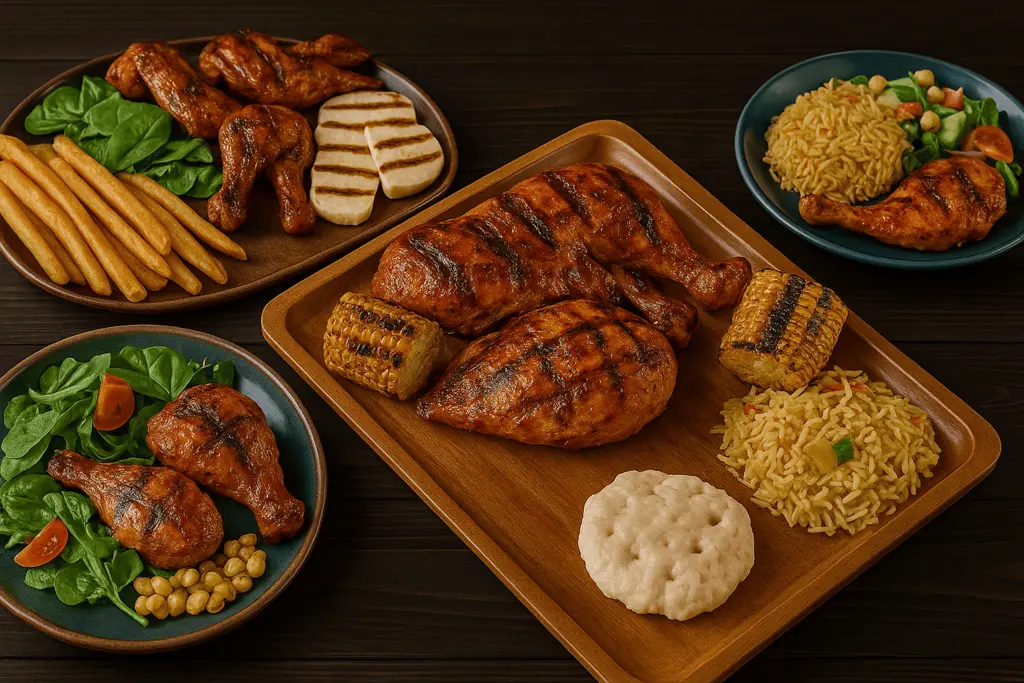 Assorted flame-grilled halal chicken platters with rice, fries, pita, and sides at La Peri Peri in Sterling Heights, Michigan