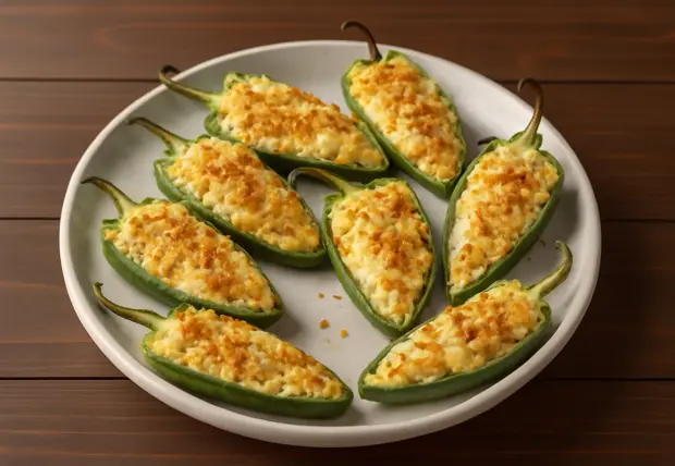 Baked jalapeño peppers stuffed with cheese and topped with breadcrumbs, served on a plate.