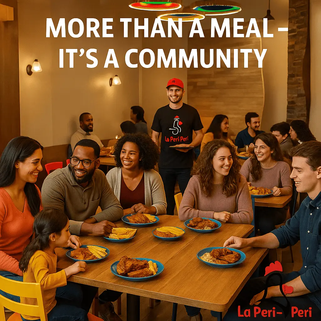 Families and friends enjoying halal flame-grilled chicken together at La Peri Peri in Sterling Heights, Michigan with welcoming restaurant ambiance