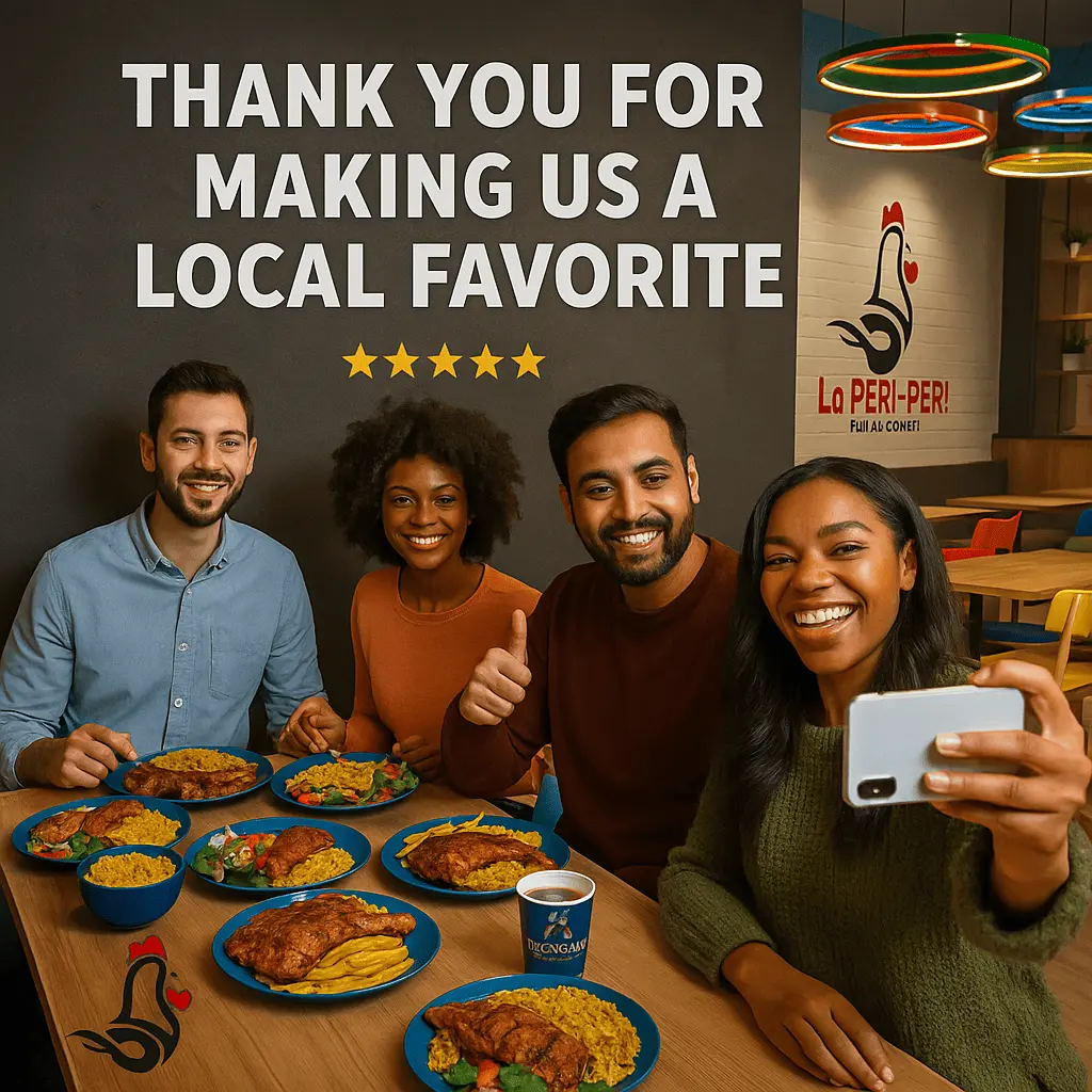 Happy customers enjoying halal flame-grilled chicken at La Peri Peri in Sterling Heights, Michigan with a thank you message and five-star rating