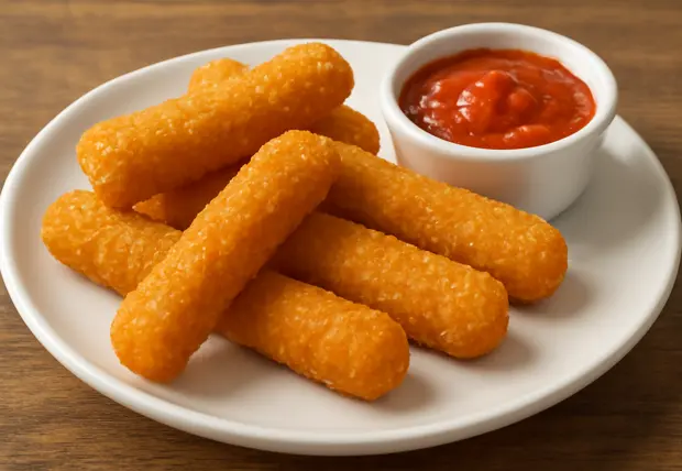 Golden mozzarella cheese sticks served with a side of marinara dipping sauce.